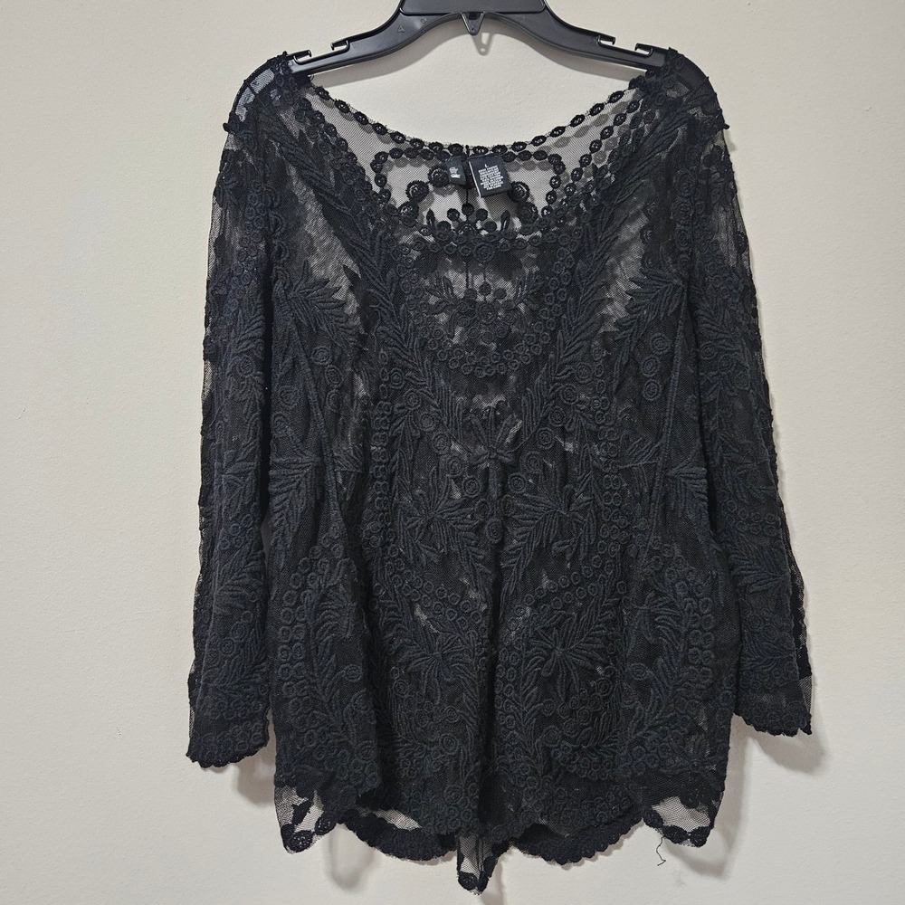 Ultra Flirt Womens Black Sheer Lace Mesh Embroidered Floral Boho Top Large